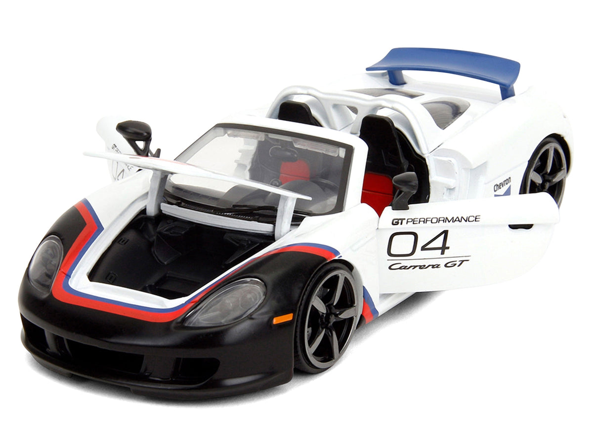 White Porsche Carrera GT Convertible Miniature Motors 1/24 diecast model car with Chevron graphics from Jada Hyper-Spec series.