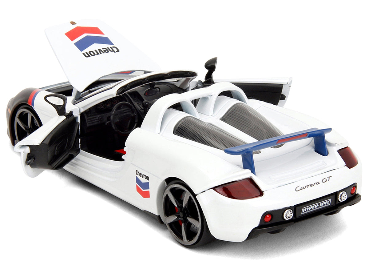White Porsche Carrera GT Convertible #04 diecast model car with Chevron graphics from Miniature Motors, part of the Hyper-Spec series.