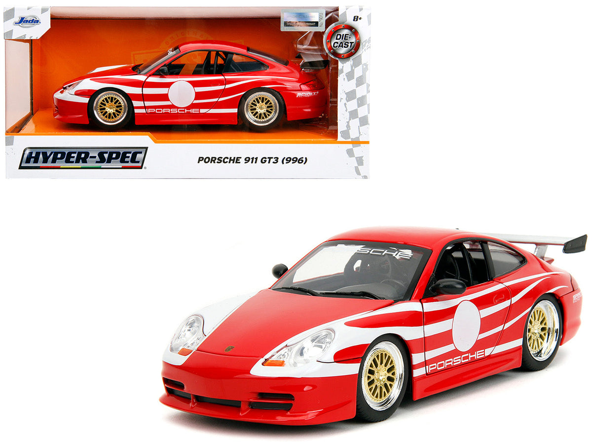 Red Porsche 911 GT3 (996) diecast model car with white graphics, part of the Hyper-Spec Series by Miniature Motors, 1/24 scale