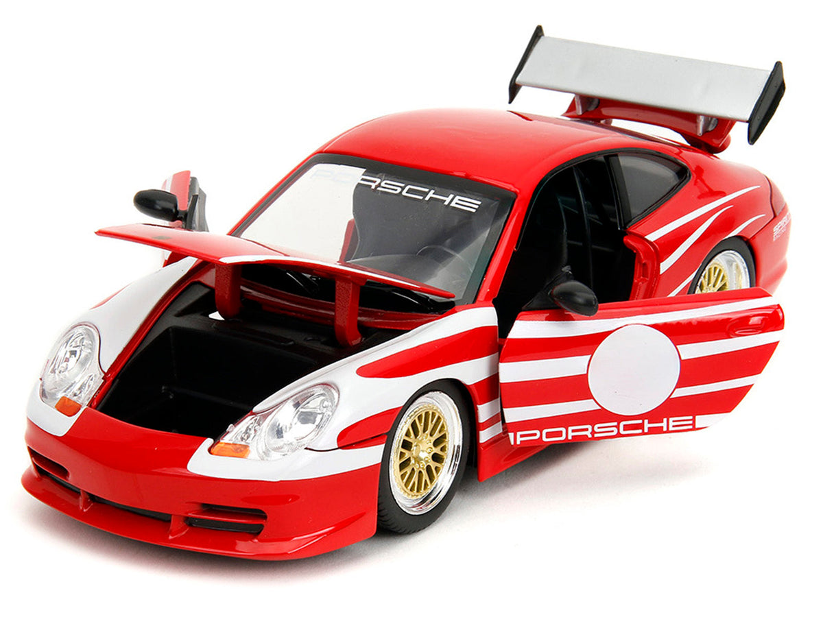 Red Porsche 911 GT3 (996) diecast model car with white graphics, part of Miniature Motors' "Hyper-Spec" Series, 1/24 scale.