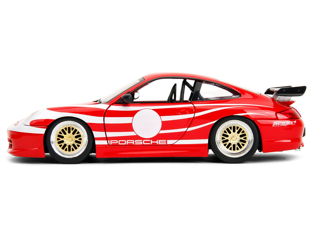 Red Porsche 911 GT3 (996) Miniature Motors diecast model car with white graphics, part of the Hyper-Spec series, 1/24 scale.