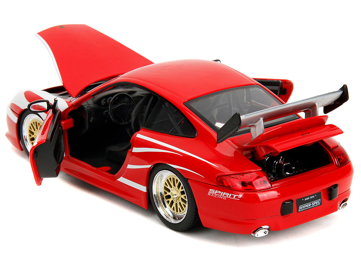 Red Porsche 911 GT3 (996) diecast model car with white graphics, part of Miniature Motors' "Hyper-Spec" Series, 1/24 scale.