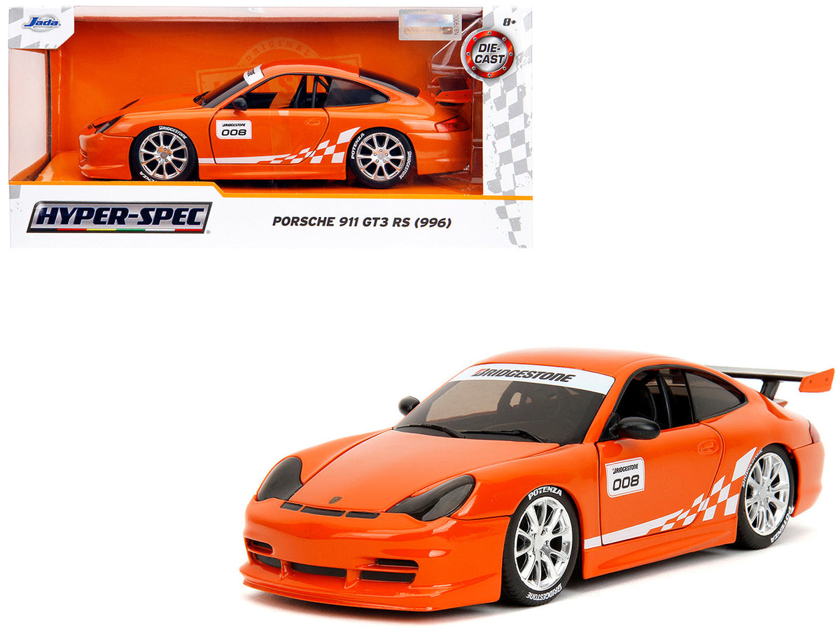 Orange metallic Porsche 911 GT3 RS (996) diecast model car with white graphics, part of Miniature Motors' Hyper-Spec series.