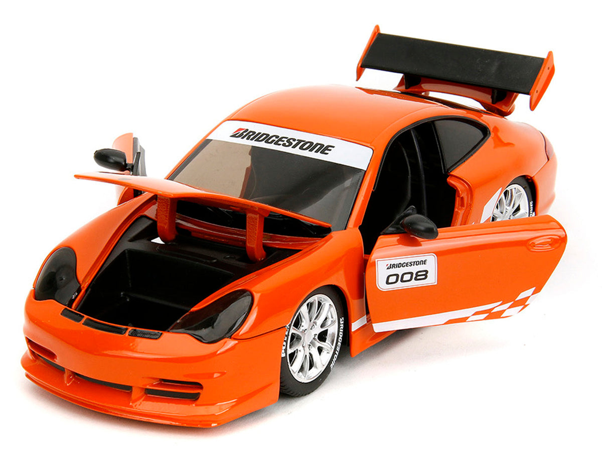 Miniature Motors Porsche 911 GT3 RS (996) diecast model car in orange metallic with white graphics, part of the Hyper-Spec series.