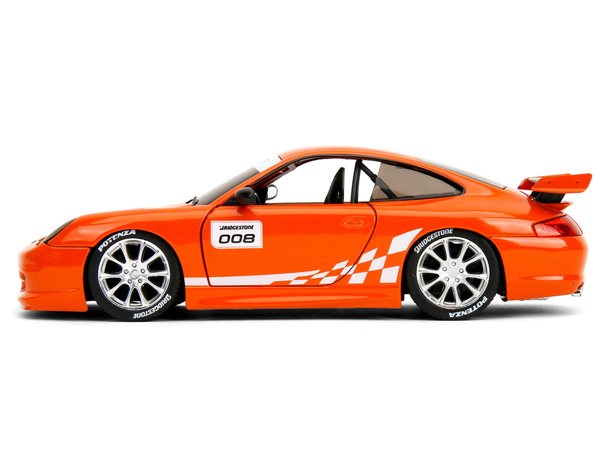 Orange metallic Porsche 911 GT3 RS (996) diecast model car with white graphics, Bridgestone tires, by Miniature Motors, Series 1/24.