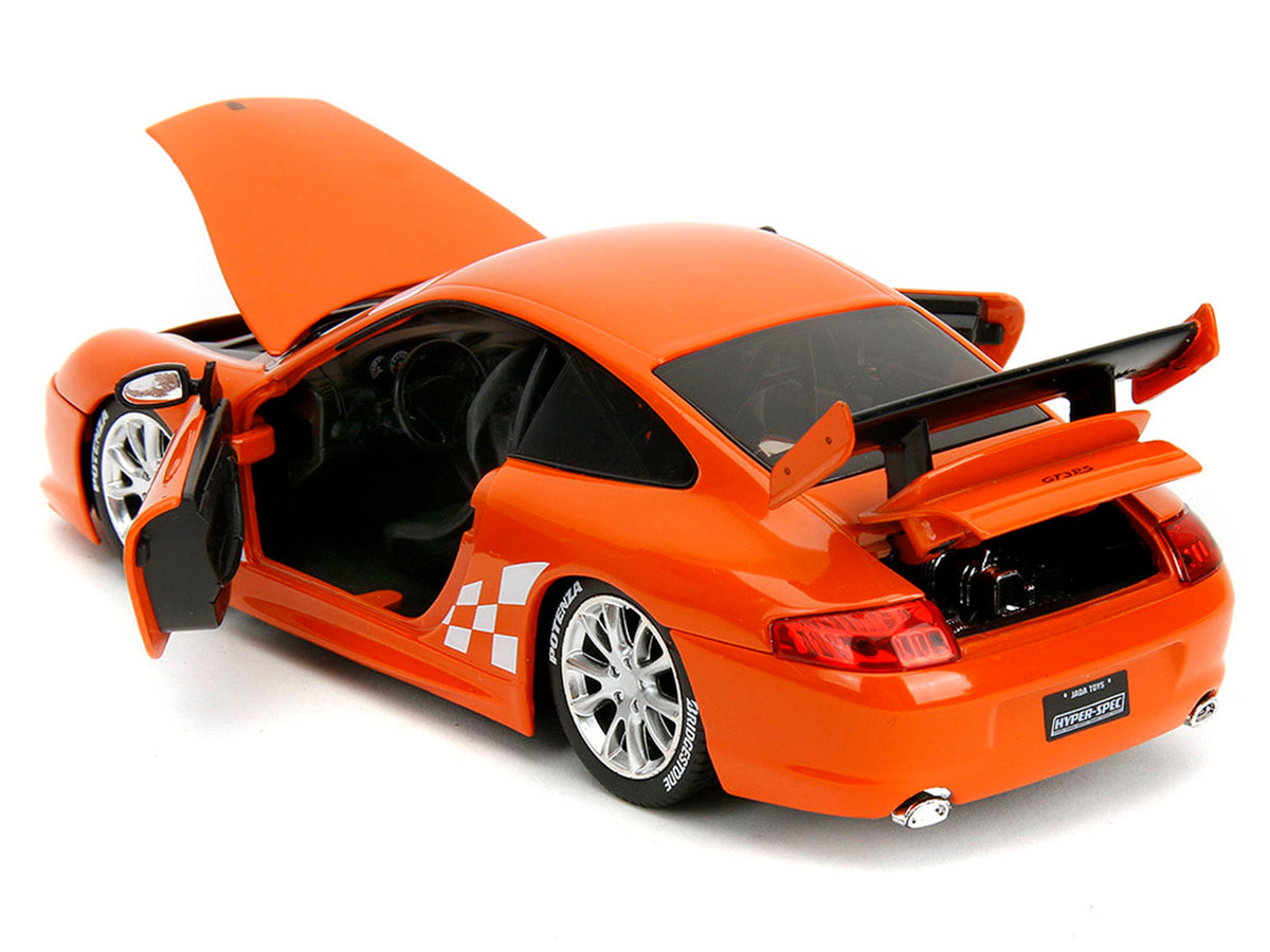 Orange metallic Porsche 911 GT3 RS (996) diecast model car with white graphics, part of Jada's Hyper-Spec series, by Miniature Motors.
