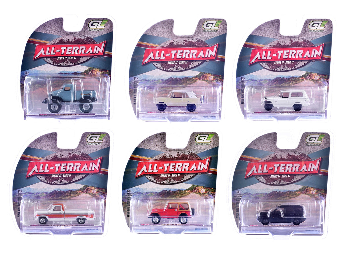 Set of six 1/64 scale diecast model cars from Greenlight's All Terrain Series by Miniature Motors, displayed in a group.