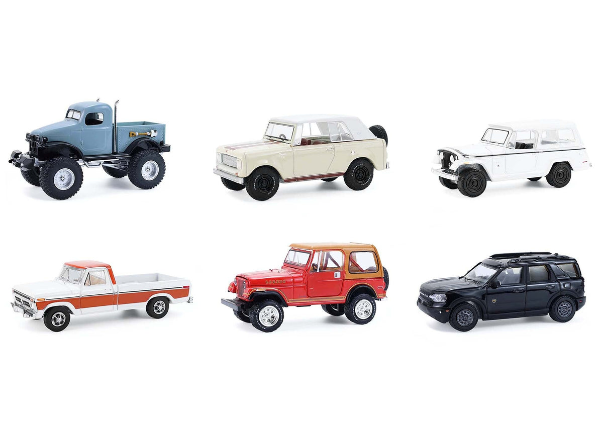 Set of six 1/64 scale diecast model cars from Greenlight's All Terrain Series by Miniature Motors, detailed miniature vehicles.