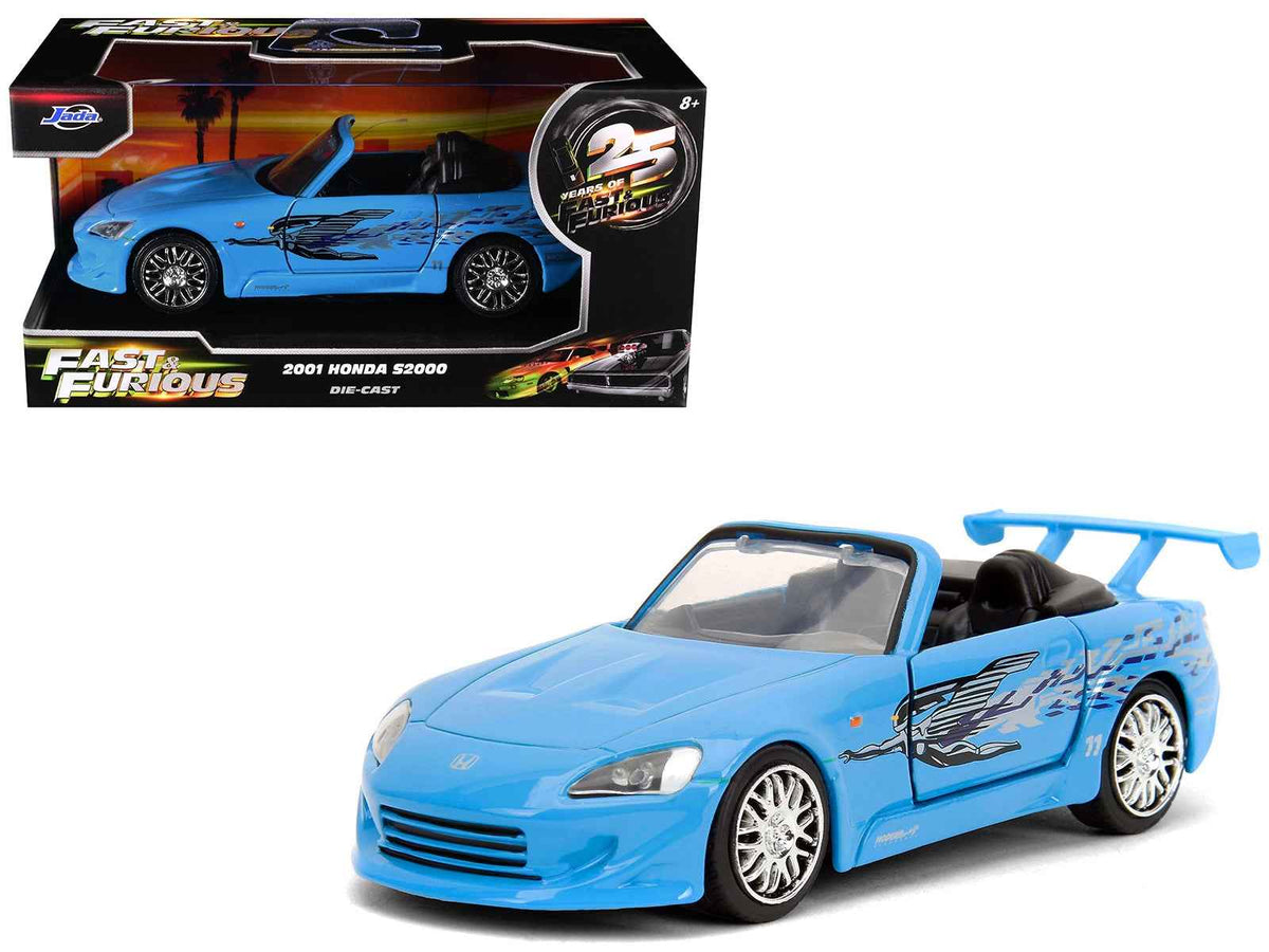 Blue 2001 Honda S2000 convertible diecast model car by Jada, from the Fast & Furious Remix 25th Anniversary series, Miniature Motors.