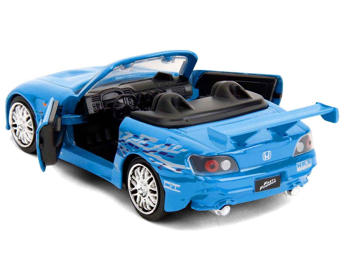 Blue 2001 Honda S2000 convertible diecast model car from the Fast & Furious Remix series by Miniature Motors, with graphics and detailed features.