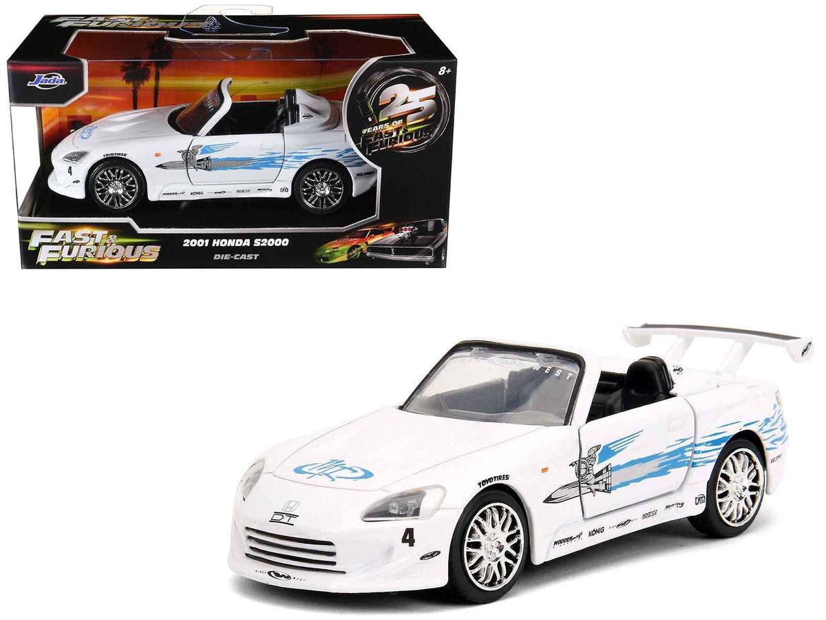 White 2001 Honda S2000 convertible diecast model car with "Fast & Furious Remix" graphics by Miniature Motors, 1/32 scale.