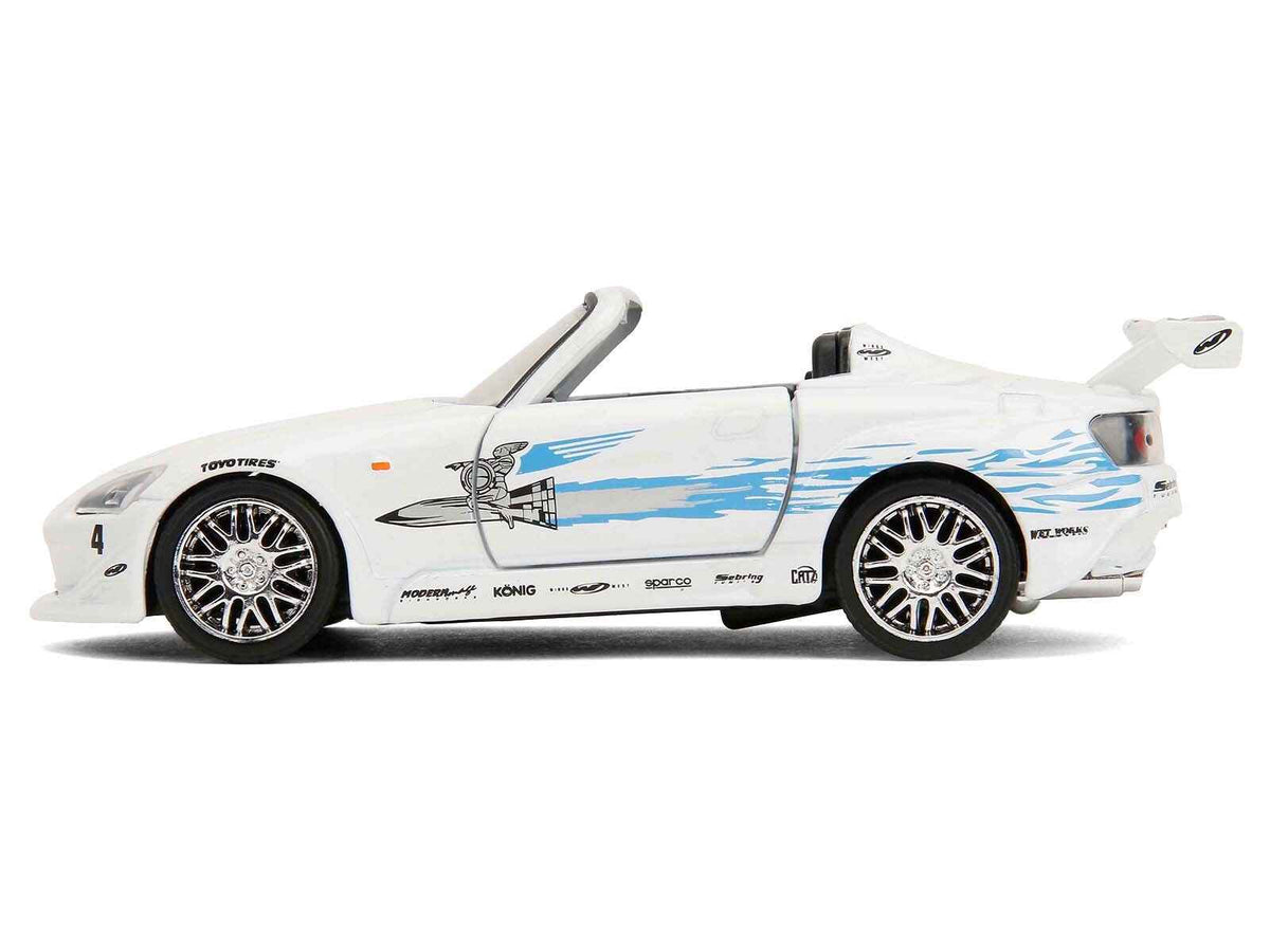 White 2001 Honda S2000 convertible diecast model car with "Fast & Furious Remix" graphics, part of Miniature Motors' 1/32 series.