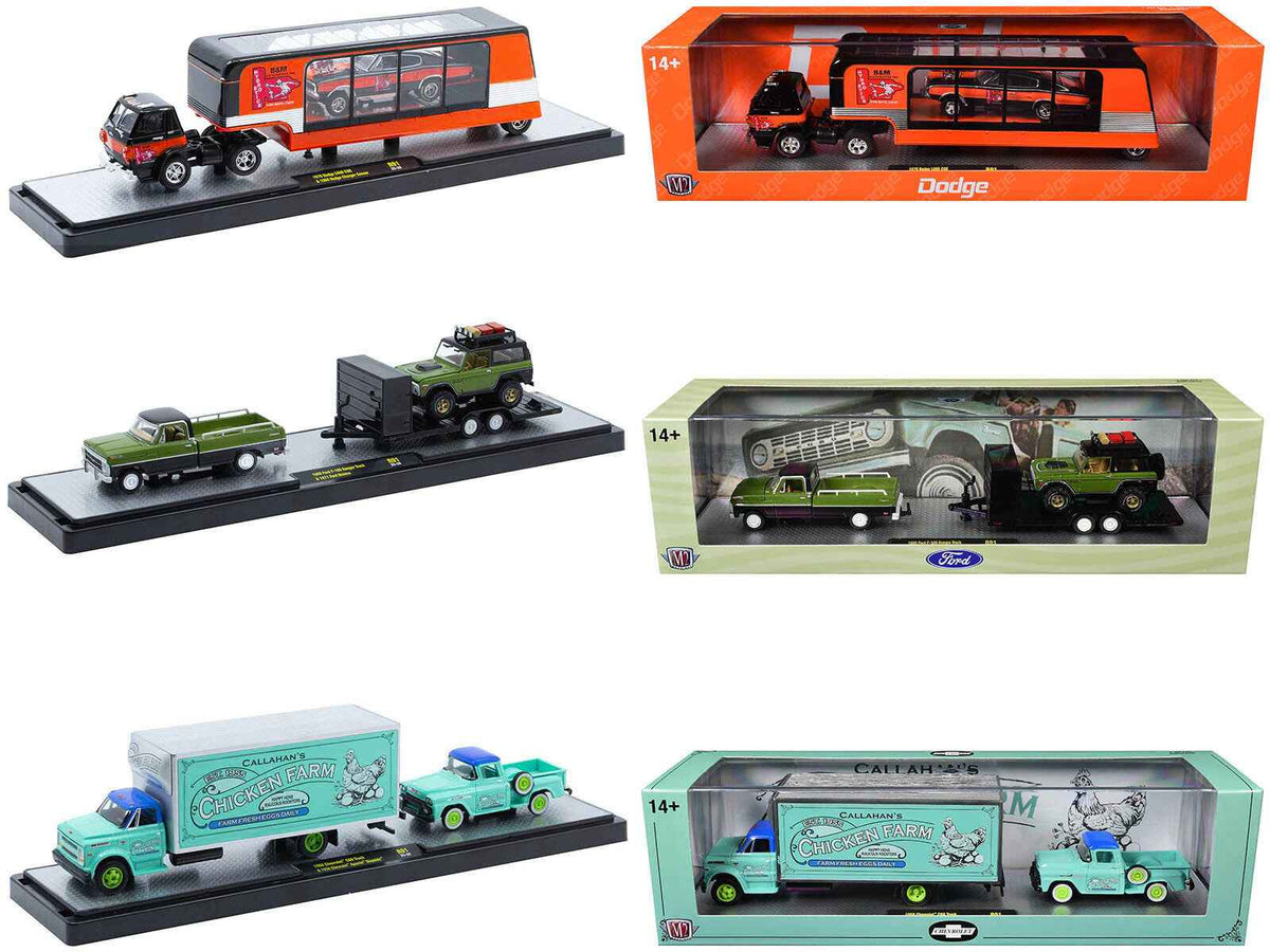 Set of three 1/64 scale diecast trucks from Miniature Motors Auto Haulers limited edition by M2 Machines