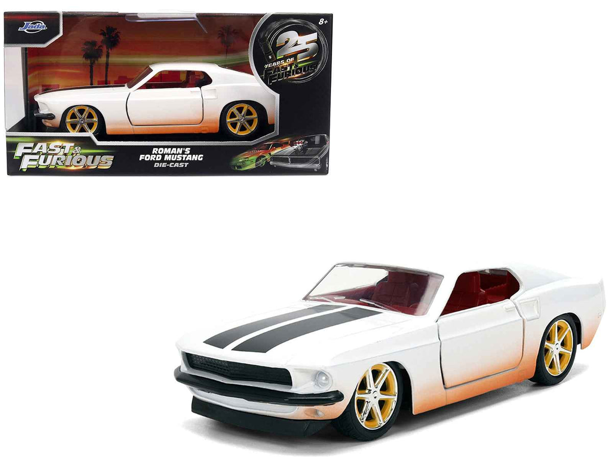 Miniature Motors Ford Mustang diecast model car from "Fast & Furious" series, white with black stripes and red interior, 1/32 scale
