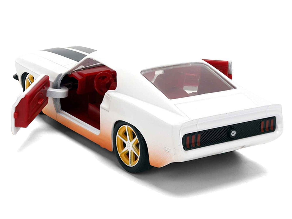 Miniature Motors Ford Mustang diecast model in white with black stripes and red interior from Fast & Furious 25th Anniversary series