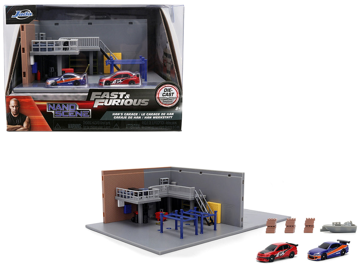 Miniature Motors "Fast & Furious" Han's Garage diorama with two cars and accessories, 1/32 scale model from Nano Scene Series.