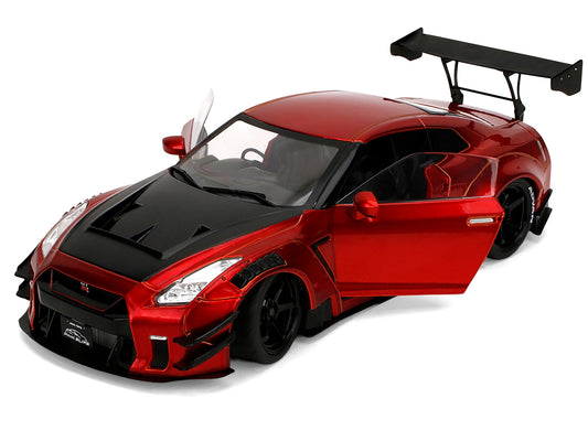 Nissan GT-R (R35) Liberty Walk Body Kit 2.0 RHD (Right Hand Drive) Red Metallic with Carbon Hood "Pink Slips" Series 1/18 Diecast Model Car by Jada