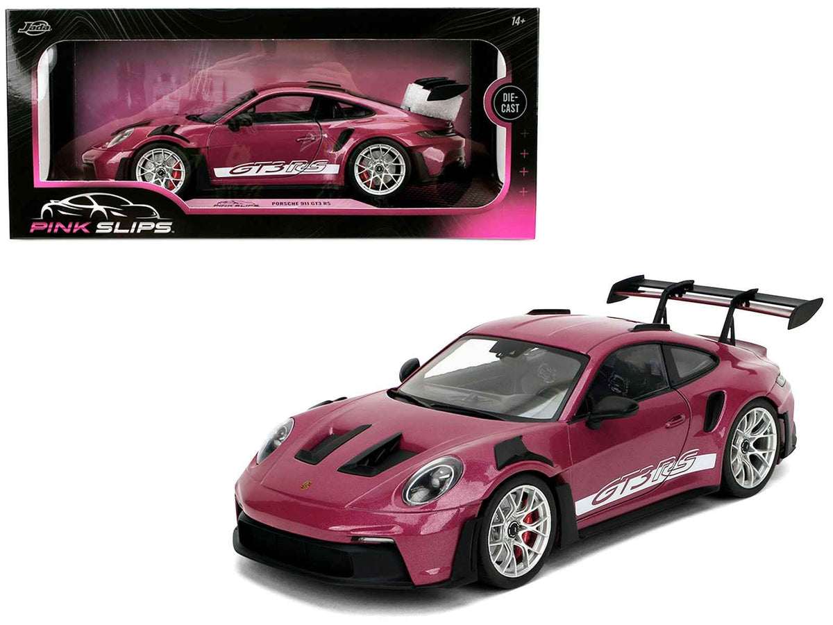Miniature Motors Porsche 911 GT3 RS diecast model car in red violet metallic with white stripes, part of the Pink Slips Series, 1/18 scale