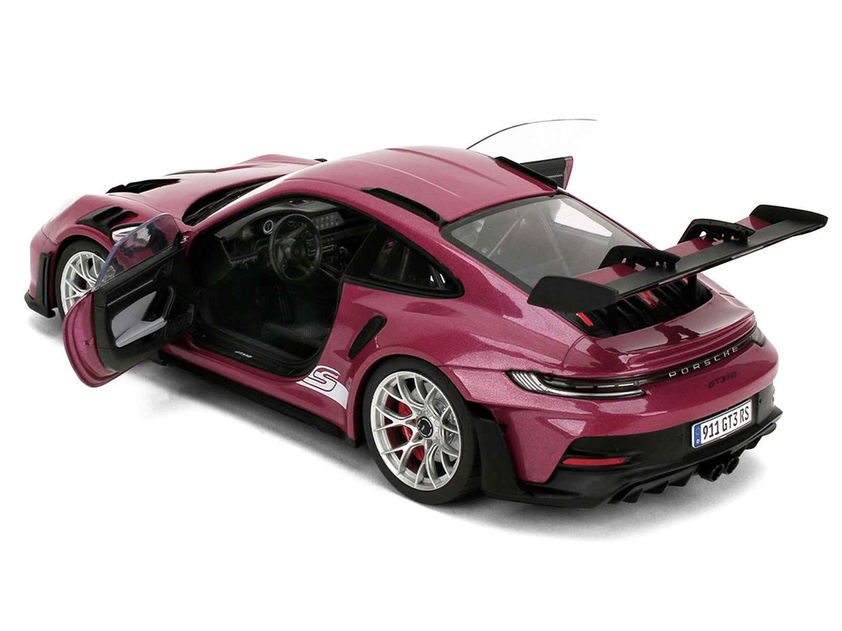 Red violet metallic Porsche 911 GT3 RS diecast model car with white stripes, part of Jada's Pink Slips Series, by Miniature Motors.