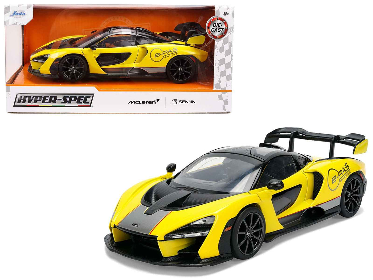 Yellow metallic McLaren Senna "8-PAS Racing" 1/24 diecast model by Miniature Motors, with black top, part of Hyper-Spec series.