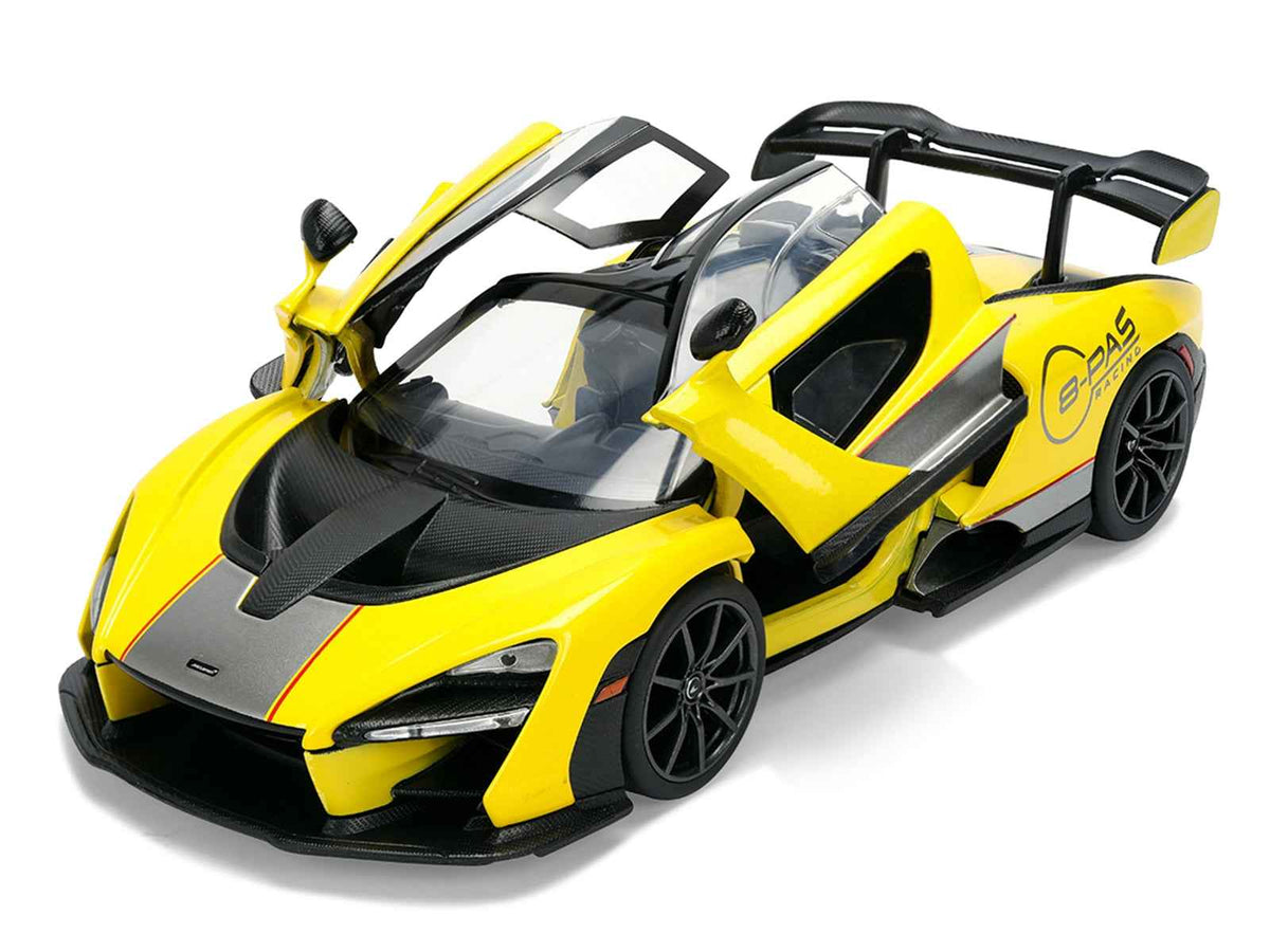 Yellow metallic McLaren Senna "8-PAS Racing" 1/24 diecast model car with black top by Jada, part of Hyper-Spec series.