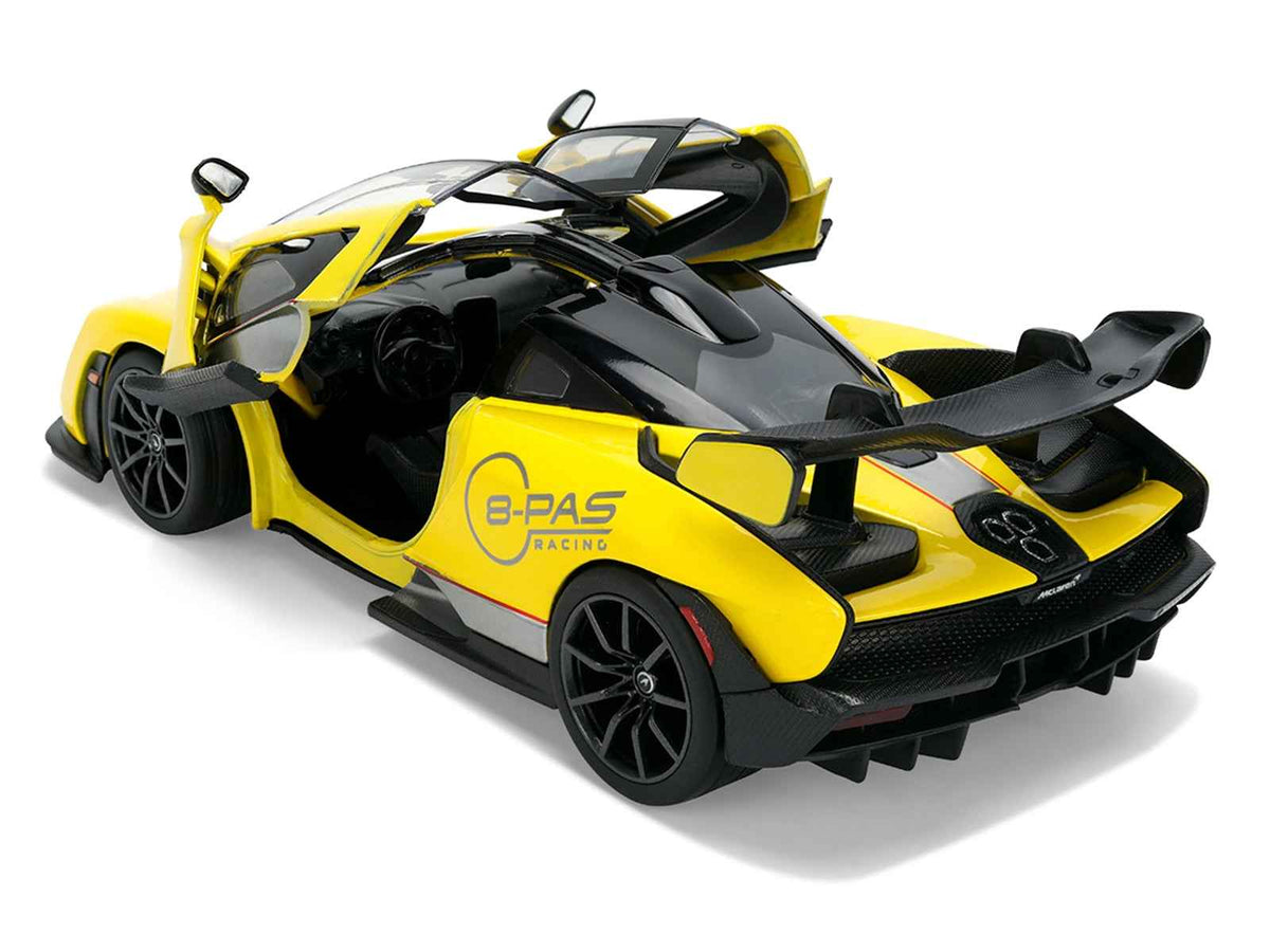 Yellow metallic McLaren Senna "8-PAS Racing" diecast model car with black top, part of Miniature Motors Hyper-Spec Series 1/24.