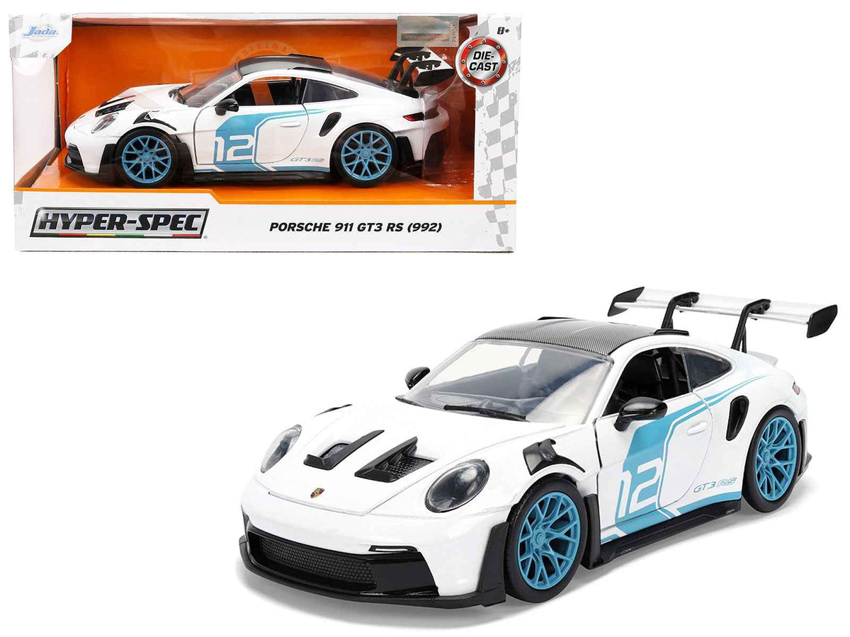 Miniature Motors Porsche 911 GT3 RS (992) diecast model car, white with blue stripes, carbon top, 1/24 scale, Hyper-Spec series
