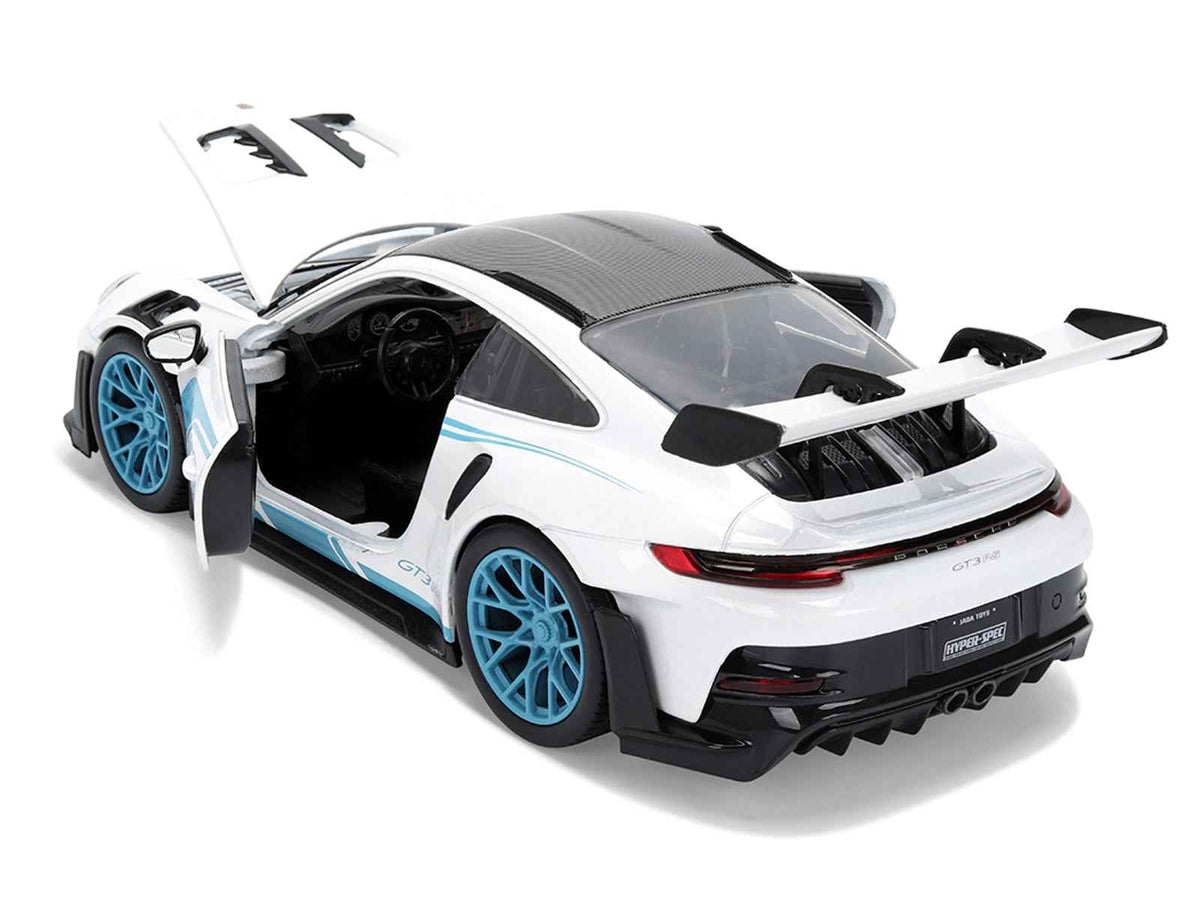 Miniature Motors Porsche 911 GT3 RS (992) diecast model car, white with blue stripes and carbon top, detailed 1/24 scale replica