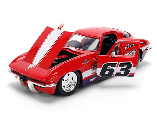 1963 Chevrolet Corvette Stingray #63 "Chevy Racing" Red with White and Blue Stripes "Bigtime Muscle" Series 1/24 Diecast Model Car by Jada