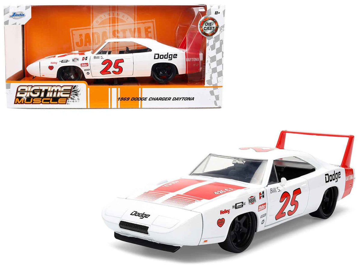 White 1969 Dodge Charger Daytona #25 diecast model car with red stripes by Miniature Motors from the Bigtime Muscle series.