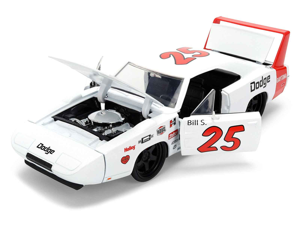 White 1969 Dodge Charger Daytona #25 diecast model car with red stripes, part of the Bigtime Muscle series by Jada, 1/24 scale.