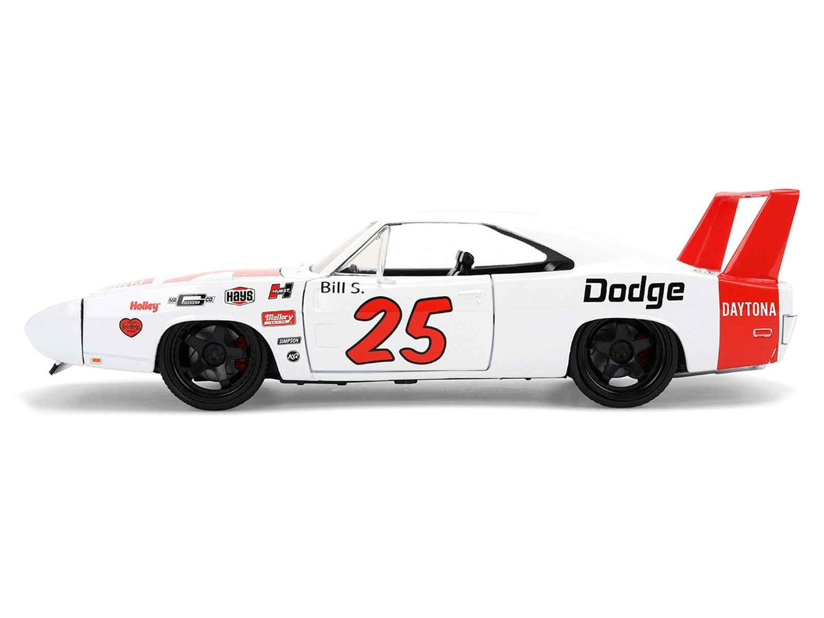 White 1969 Dodge Charger Daytona #25 diecast model car with red stripes, part of the Bigtime Muscle Series by Jada Miniature Motors.