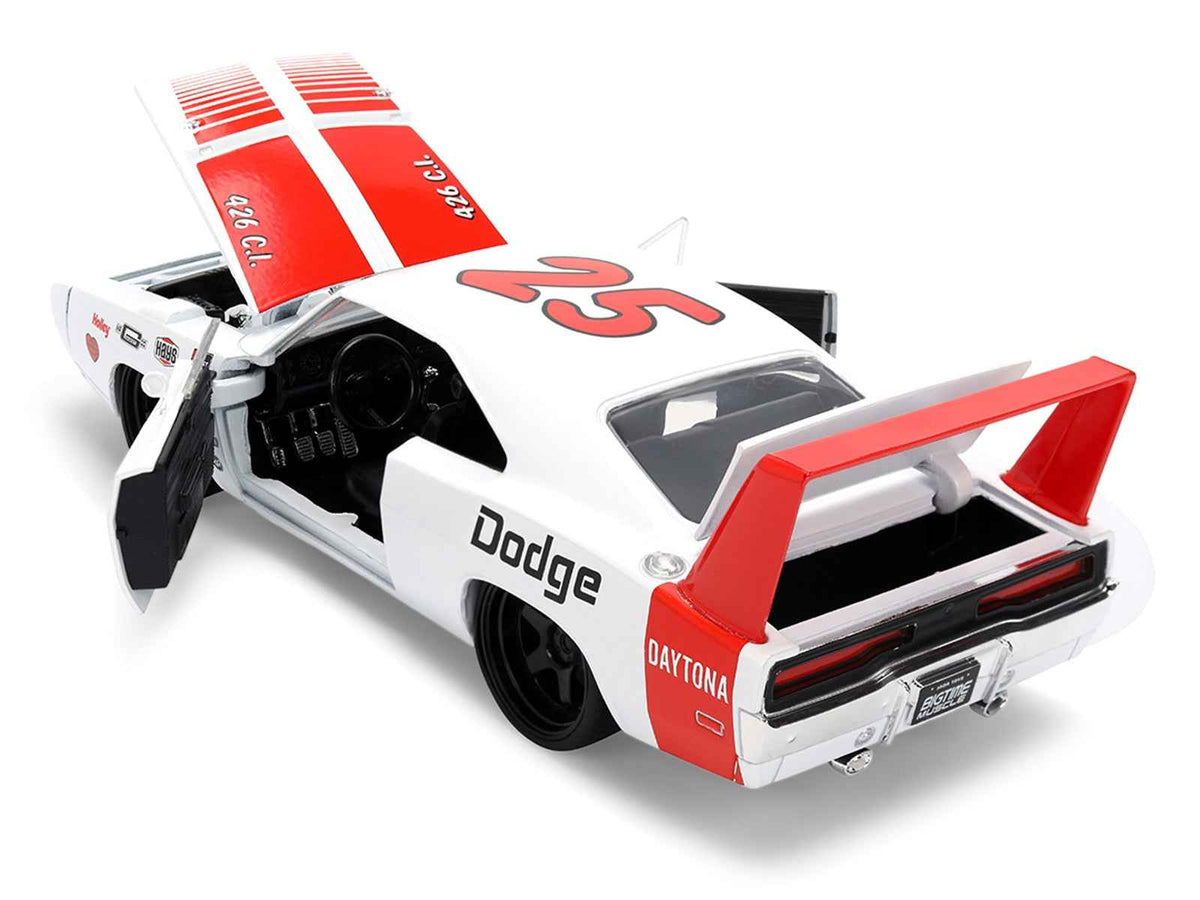 White 1969 Dodge Charger Daytona #25 diecast model car with red stripes from Miniature Motors, part of the Bigtime Muscle series.