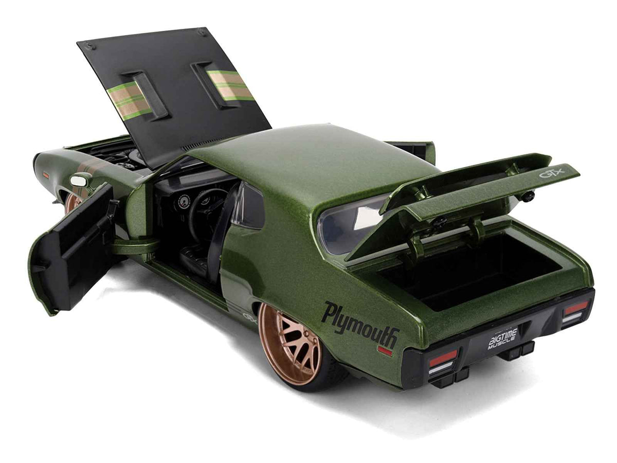 Green metallic 1972 Plymouth GTX diecast model with matte black hood and gold stripes, part of Miniature Motors Bigtime Muscle series.