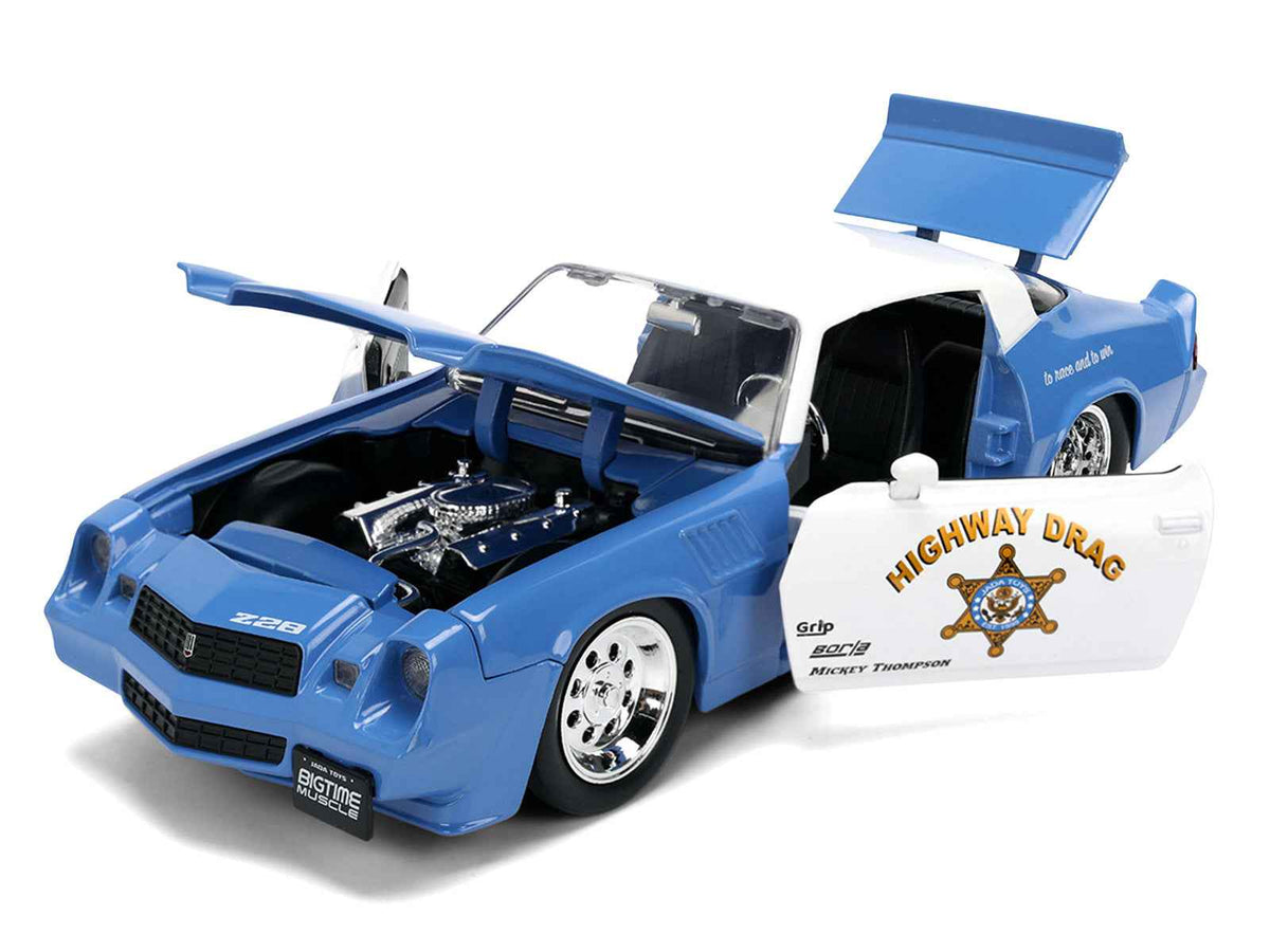 Miniature Motors 1979 Chevrolet Camaro Z28 Police "Highway Drag" diecast model car in blue and white from Jada's Bigtime Muscle series.