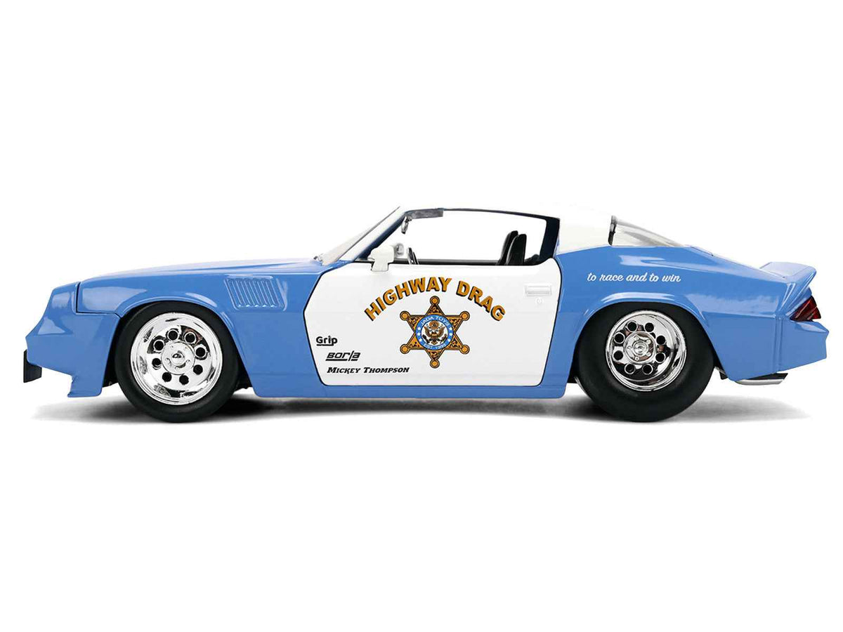 Miniature Motors 1979 Chevrolet Camaro Z28 Police "Highway Drag" diecast model car in blue and white from Bigtime Muscle Series.