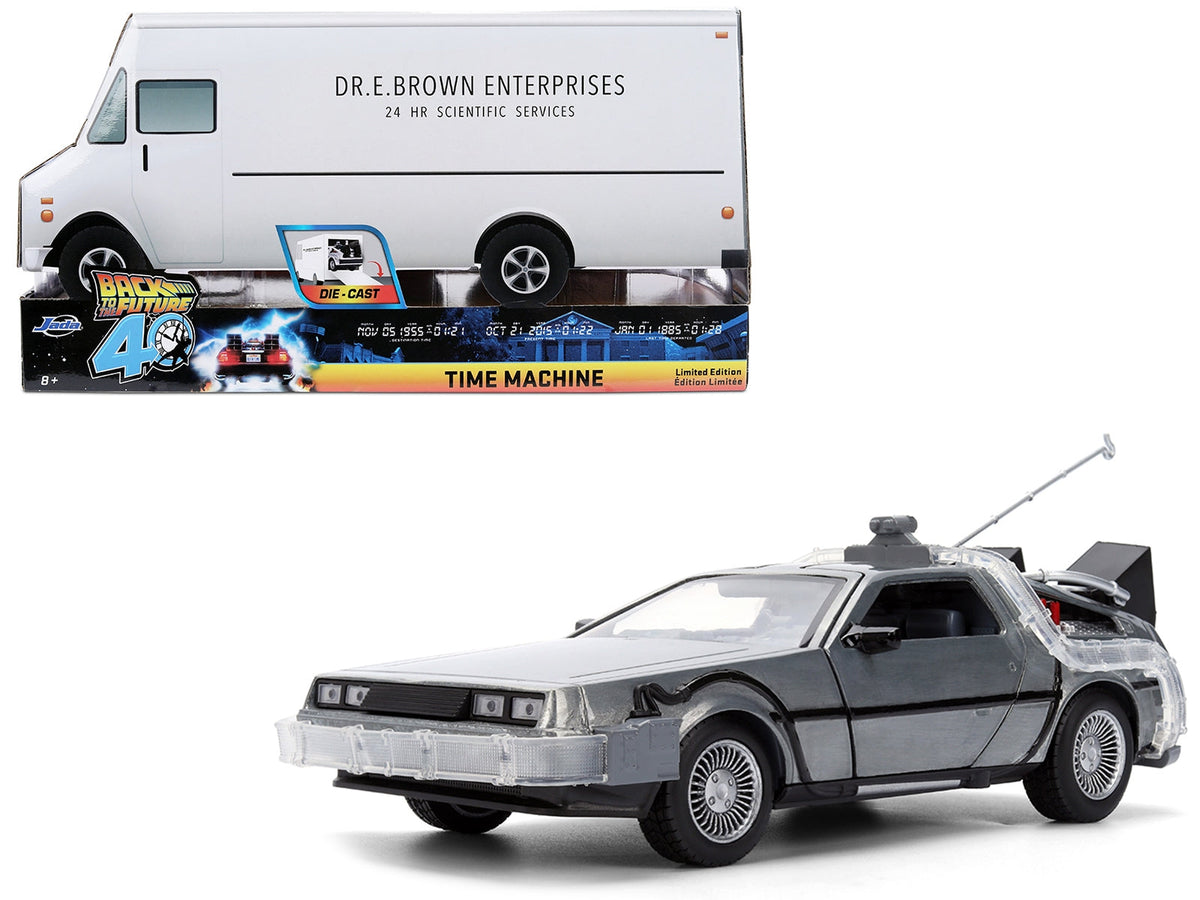 Miniature Motors DeLorean Brushed Metal Time Machine diecast model from Back to the Future with lights, in special anniversary packaging.