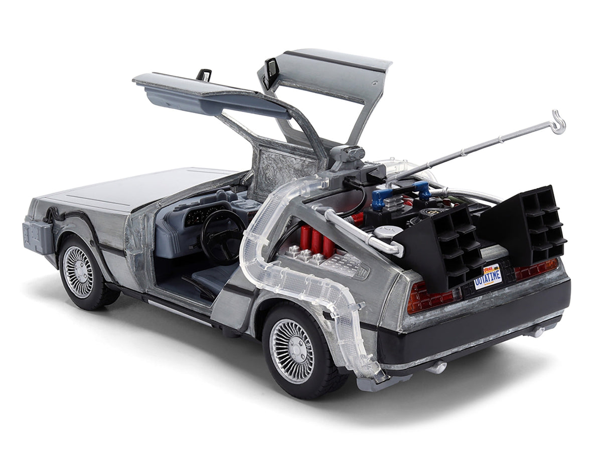DeLorean brushed metal diecast model car from Back to the Future, Hollywood Rides series, with lights and special 40th anniversary packaging.