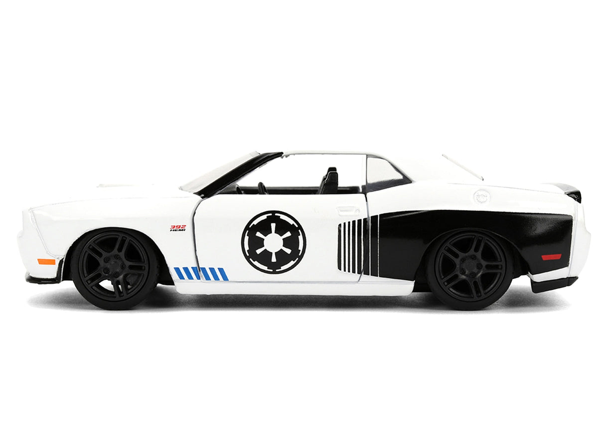 2012 Dodge Challenger SRT8 "Stormtrooper" diecast model car by Miniature Motors, white with Star Wars-themed graphics, Hollywood Rides series.