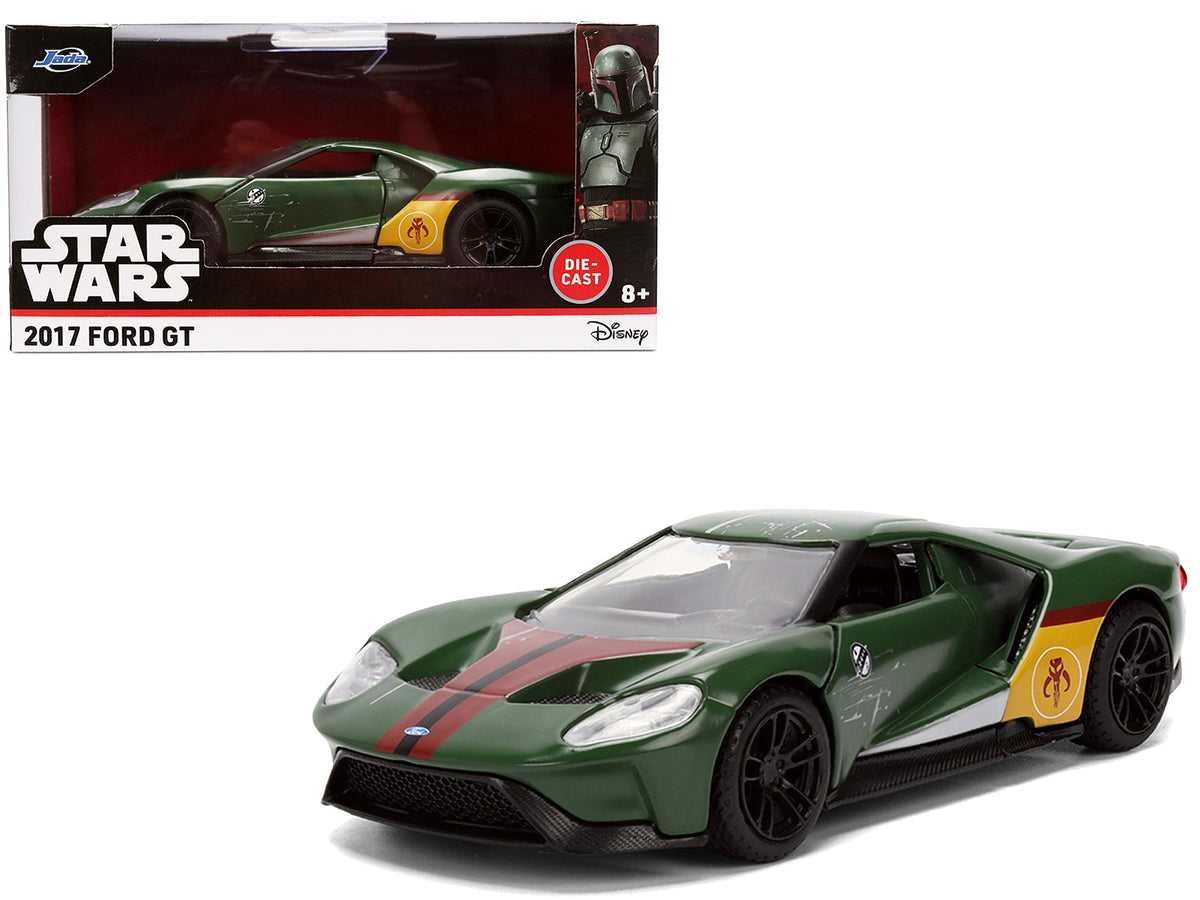Dark green 2017 Ford GT "Boba Fett" diecast model car by Miniature Motors, featuring Star Wars graphics from Hollywood Rides series.