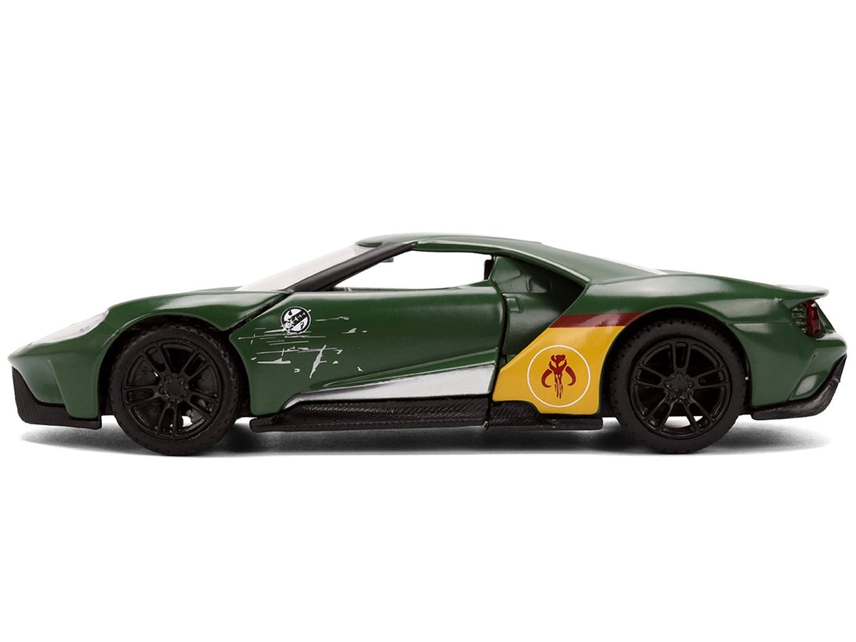 Miniature Motors 2017 Ford GT "Boba Fett" diecast model car in dark green with Star Wars graphics, detailed Hollywood Rides Series 1/32.