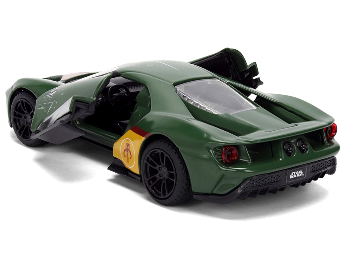 Dark green 2017 Ford GT "Boba Fett" diecast model car by Miniature Motors, featuring Star Wars graphics, Hollywood Rides series.