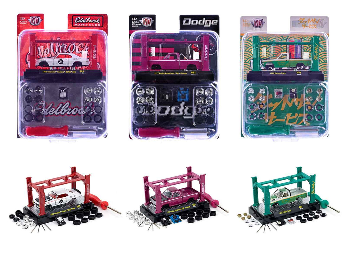 Miniature Motors 1/64 diecast car model kit set of three limited edition cars by M2 Machines, assembled for display.