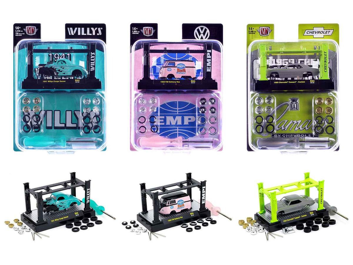 Three 1/64 scale diecast model cars by Miniature Motors from the Model Kit 3-piece Car Set Release 84 Limited Edition by M2 Machines.