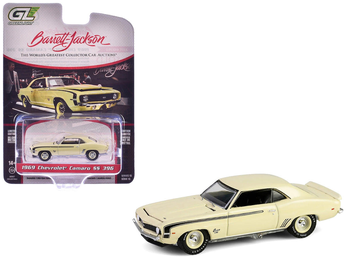 Miniature Motors 1969 Chevrolet Camaro SS 396 diecast model in Butternut Yellow with black stripes, Barrett-Jackson Series, 1/64 scale.