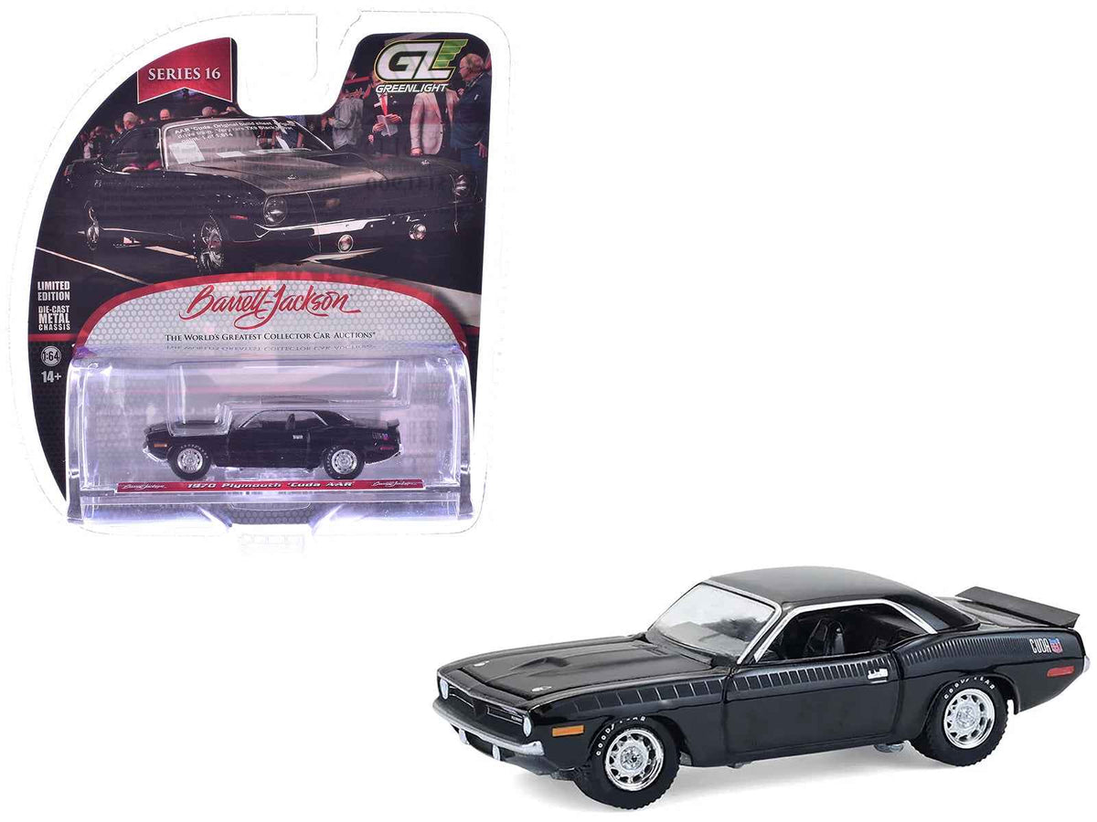 Miniature Motors 1/64 diecast model of 1970 Plymouth 'Cuda AAR in black with gray stripes, part of Greenlight's Barrett-Jackson series.
