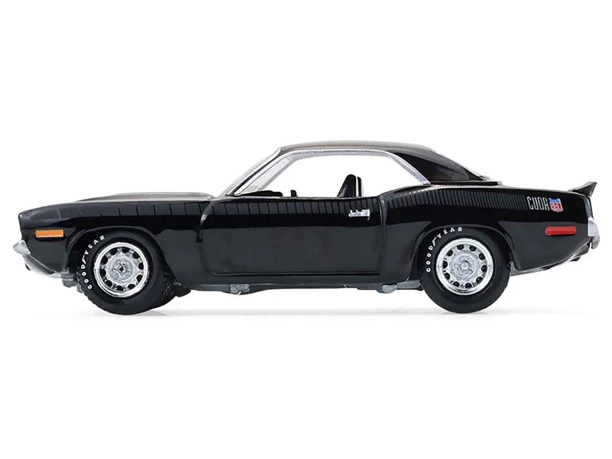 Miniature Motors 1970 Plymouth 'Cuda AAR diecast model car in black with gray stripes, part of the Barrett-Jackson series, 1/64 scale