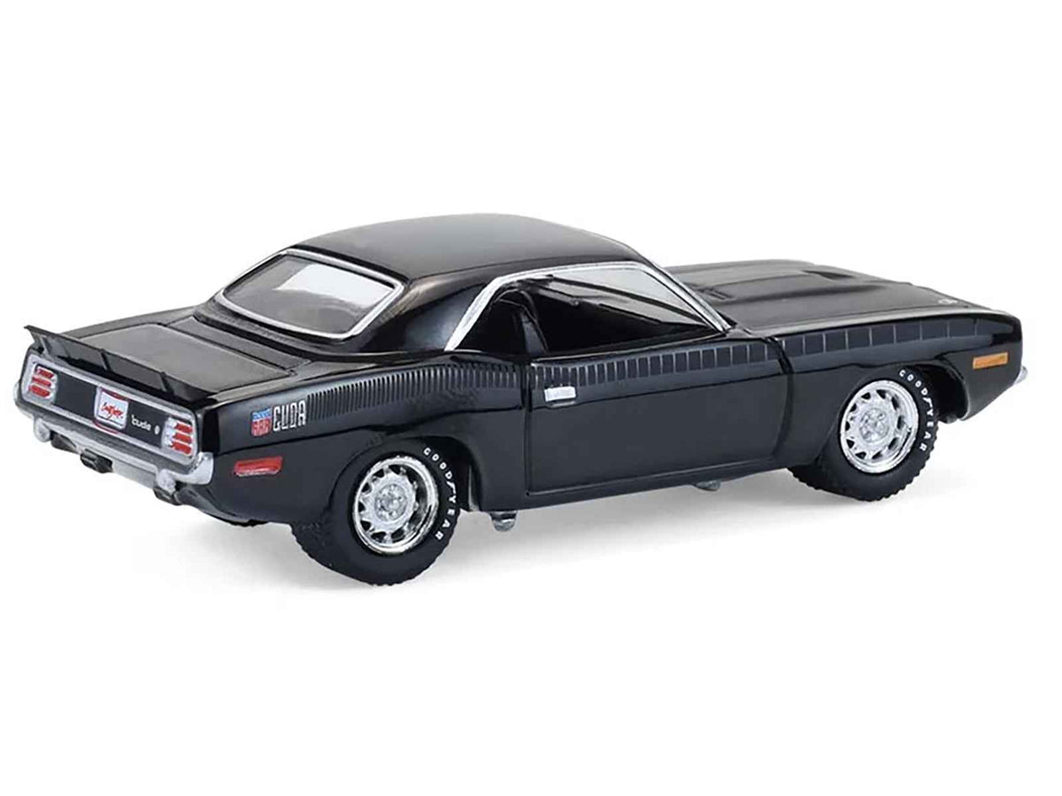 Miniature Motors 1/64 diecast model of 1970 Plymouth 'Cuda AAR in black with gray stripes, part of the Barrett-Jackson series.