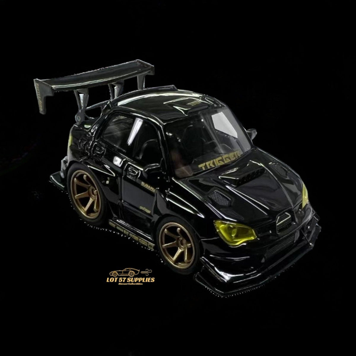 Black and gold 1:64 scale Subaru Impreza WRX STI diecast model by Lot57Supplies Diecast Shop with Voltex styling.