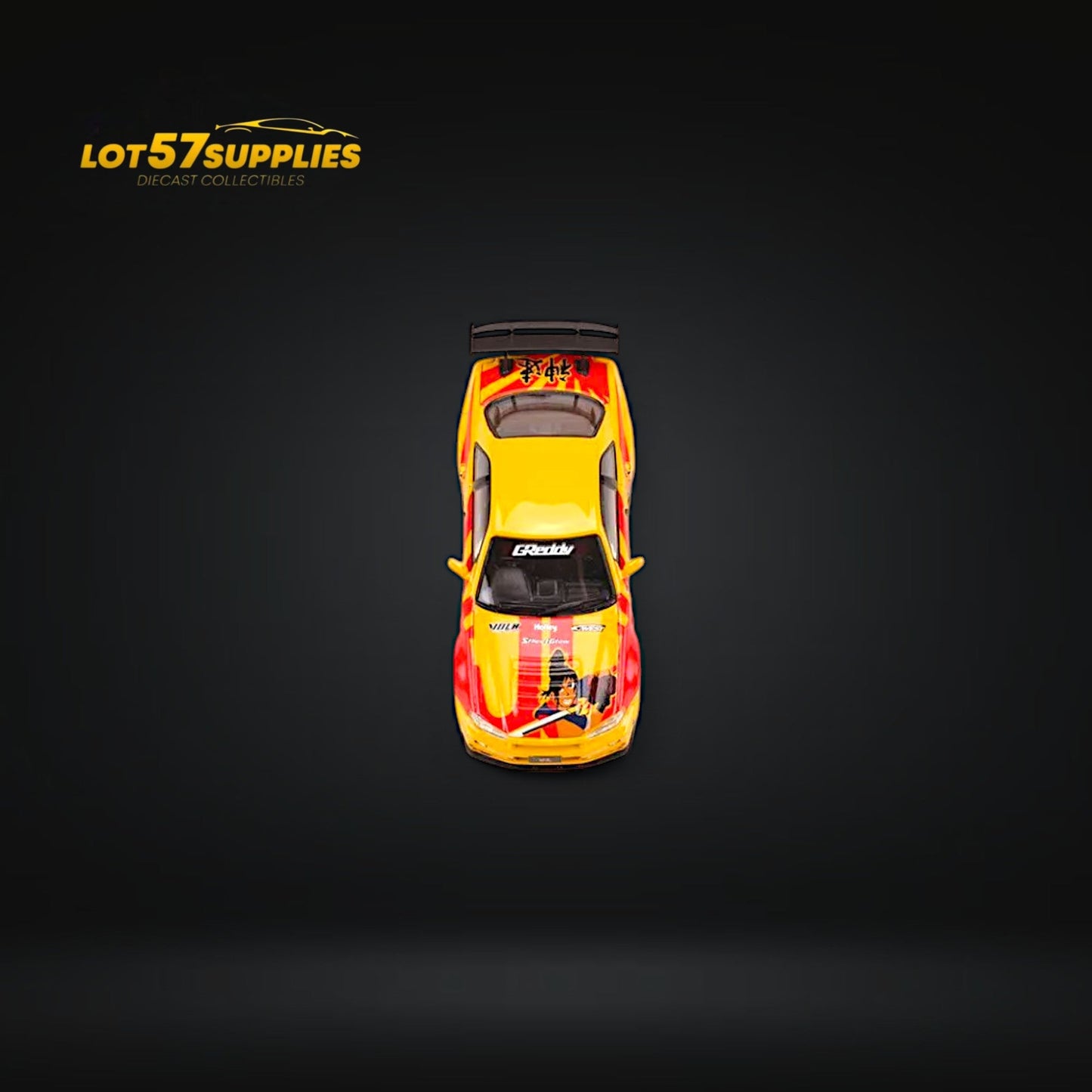 Yellow and red livery Nissan Skyline GT-R R34 Z-Tune diecast model in 1:64 scale by Lot57Supplies Diecast Shop, detailed view.